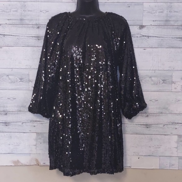 Melloday Sequin Balloon Sleeve Striped Midi Dress Black Small - Picture 3 of 10